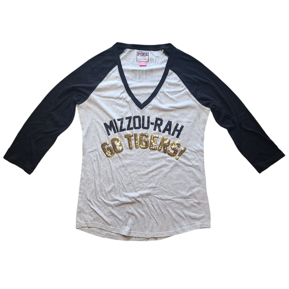 Victoria’s Secret PINK Mizzou Tigers Sequin V-Neck 3/4 Sleeve Tee L Missouri - Picture 1 of 7